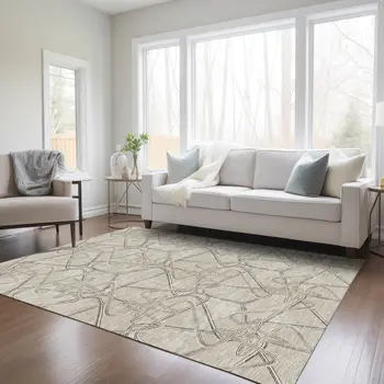 5' X 8' Beige Ivory And Gray Geometric Washable Indoor Outdoor Area Rug