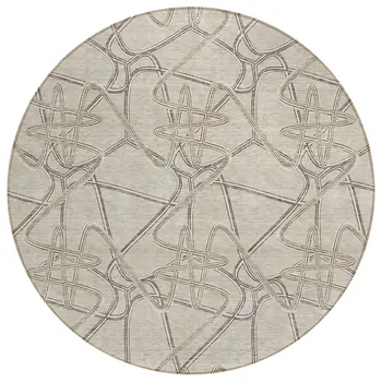 8' Beige Ivory And Gray Round Geometric Washable Indoor Outdoor Area Rug