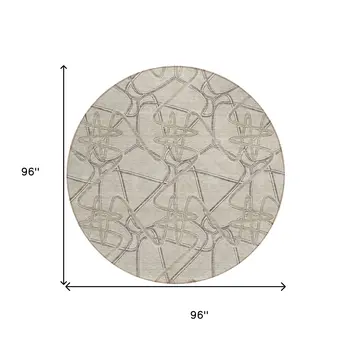 8' Beige Ivory And Gray Round Geometric Washable Indoor Outdoor Area Rug