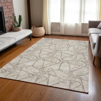 9' X 12' Beige Ivory And Gray Geometric Washable Indoor Outdoor Area Rug