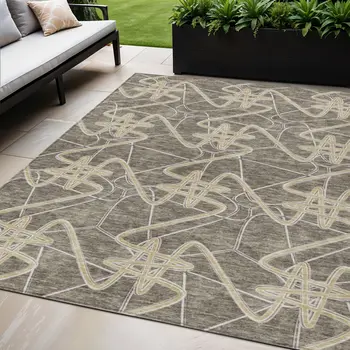 5' X 8' Taupe Ivory And Brown Geometric Washable Indoor Outdoor Area Rug