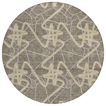 8' Taupe Ivory And Brown Round Geometric Washable Indoor Outdoor Area Rug