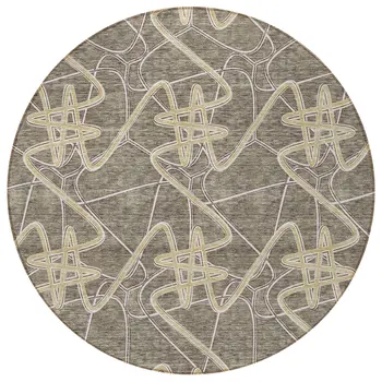 8' Taupe Ivory And Brown Round Geometric Washable Indoor Outdoor Area Rug