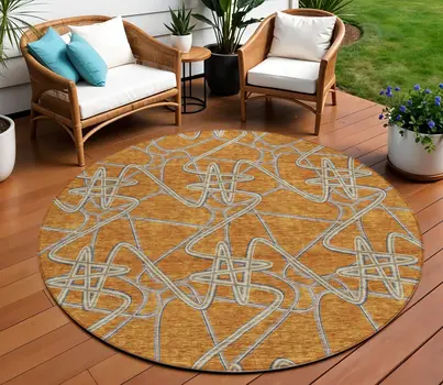 8' Terra Cotta Ivory And Charcoal Round Geometric Washable Indoor Outdoor Area Rug