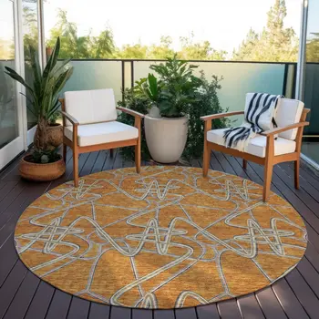 8' Terra Cotta Ivory And Charcoal Round Geometric Washable Indoor Outdoor Area Rug