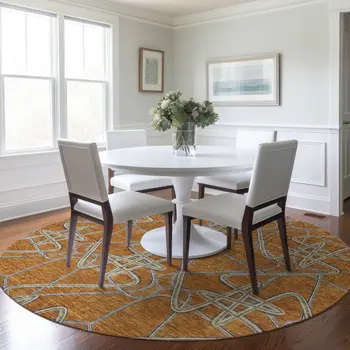 8' Terra Cotta Ivory And Charcoal Round Geometric Washable Indoor Outdoor Area Rug