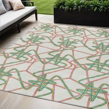 5' X 8' White Teal Blue And Purple Geometric Washable Indoor Outdoor Area Rug