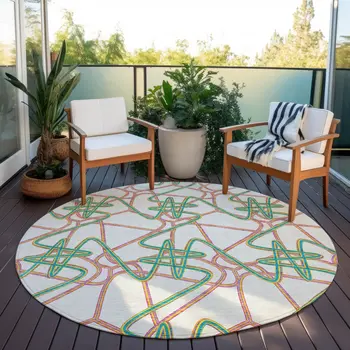8' White Teal Blue And Purple Round Geometric Washable Indoor Outdoor Area Rug