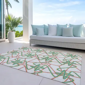 10' X 14' White Teal Blue And Purple Geometric Washable Indoor Outdoor Area Rug