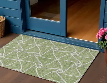 3' X 5' Sage And Ivory Geometric Washable Indoor Outdoor Area Rug