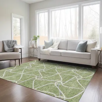 9' X 12' Sage And Ivory Geometric Washable Indoor Outdoor Area Rug