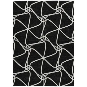 8' X 10' Black And Ivory Geometric Washable Indoor Outdoor Area Rug