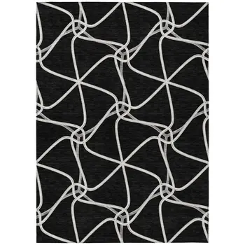 8' X 10' Black And Ivory Geometric Washable Indoor Outdoor Area Rug