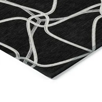 8' X 10' Black And Ivory Geometric Washable Indoor Outdoor Area Rug