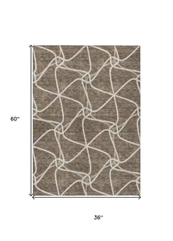 3' X 5' Brown And Ivory Geometric Washable Indoor Outdoor Area Rug