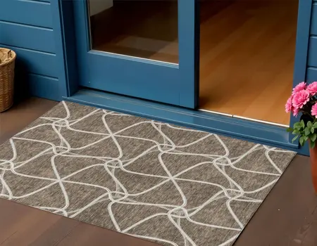 3' X 5' Brown And Ivory Geometric Washable Indoor Outdoor Area Rug