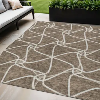 5' X 8' Brown And Ivory Geometric Washable Indoor Outdoor Area Rug