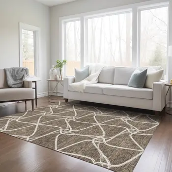 8' X 10' Brown And Ivory Geometric Washable Indoor Outdoor Area Rug