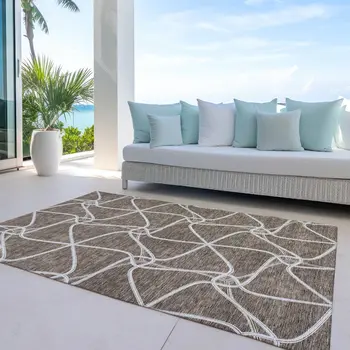 9' X 12' Brown And Ivory Geometric Washable Indoor Outdoor Area Rug