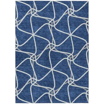 3' X 5' Blue And Ivory Geometric Washable Indoor Outdoor Area Rug