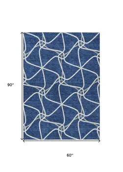 5' X 8' Blue And Ivory Geometric Washable Indoor Outdoor Area Rug