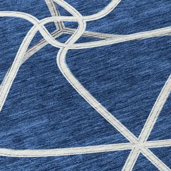 8' Blue And Ivory Round Geometric Washable Indoor Outdoor Area Rug