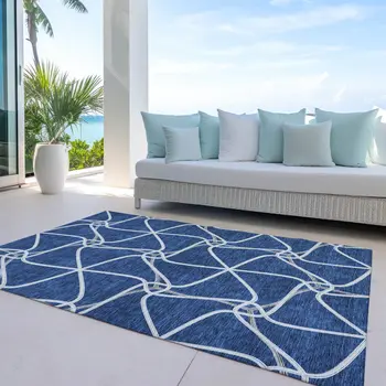 8' X 10' Blue And Ivory Geometric Washable Indoor Outdoor Area Rug