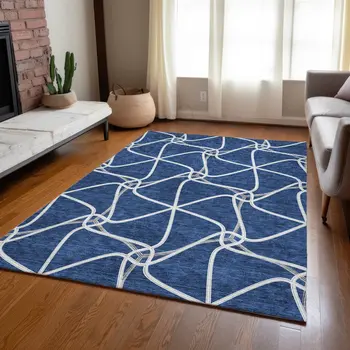 8' X 10' Blue And Ivory Geometric Washable Indoor Outdoor Area Rug