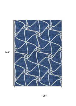 9' X 12' Blue And Ivory Geometric Washable Indoor Outdoor Area Rug
