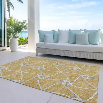 3' X 5' Gold And Ivory Geometric Washable Indoor Outdoor Area Rug