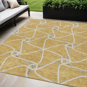 5' X 8' Gold And Ivory Geometric Washable Indoor Outdoor Area Rug