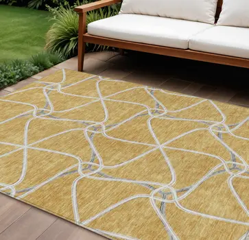 9' X 12' Gold And Ivory Geometric Washable Indoor Outdoor Area Rug