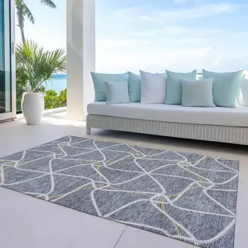3' X 5' Gray And Ivory Geometric Washable Indoor Outdoor Area Rug