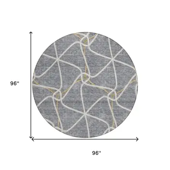 8' Gray And Ivory Round Geometric Washable Indoor Outdoor Area Rug