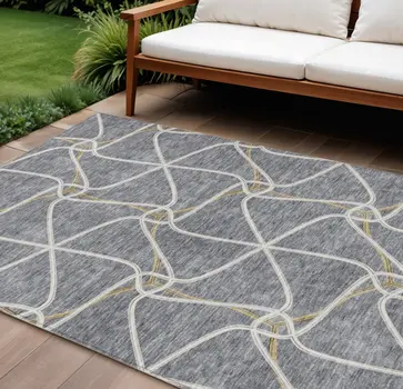 9' X 12' Gray And Ivory Geometric Washable Indoor Outdoor Area Rug