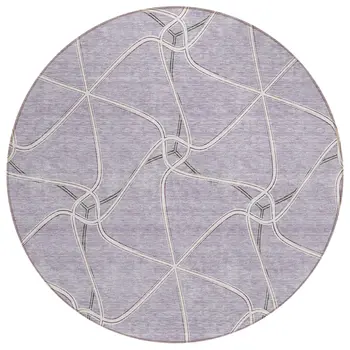 8' Lavender And Ivory Round Geometric Washable Indoor Outdoor Area Rug