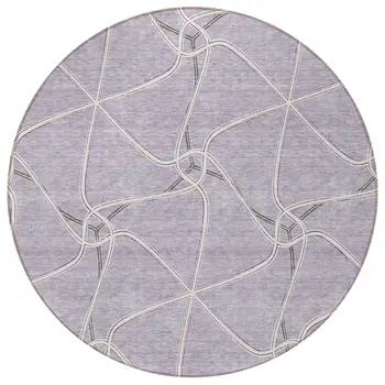 8' Lavender And Ivory Round Geometric Washable Indoor Outdoor Area Rug