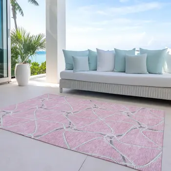 3' X 5' Pink And Ivory Geometric Washable Indoor Outdoor Area Rug