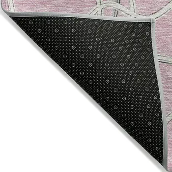 8' Pink And Ivory Round Geometric Washable Indoor Outdoor Area Rug