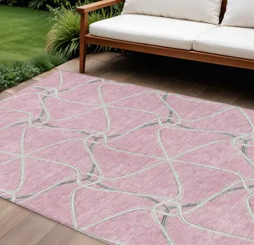 9' X 12' Pink And Ivory Geometric Washable Indoor Outdoor Area Rug
