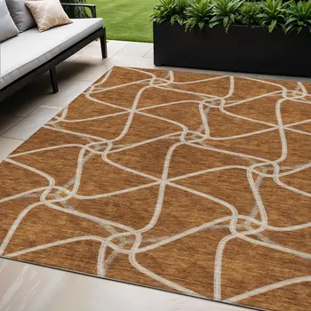 5' X 8' Orange And Ivory Geometric Washable Indoor Outdoor Area Rug