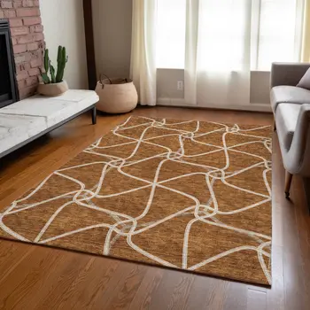 8' X 10' Orange And Ivory Geometric Washable Indoor Outdoor Area Rug