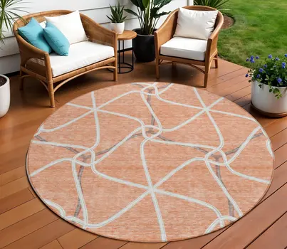 8' Salmon And Ivory Round Geometric Washable Indoor Outdoor Area Rug