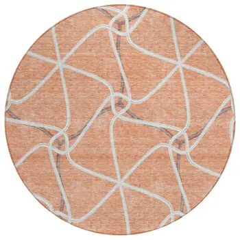 8' Salmon And Ivory Round Geometric Washable Indoor Outdoor Area Rug