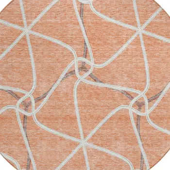 8' Salmon And Ivory Round Geometric Washable Indoor Outdoor Area Rug