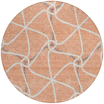 8' Salmon And Ivory Round Geometric Washable Indoor Outdoor Area Rug