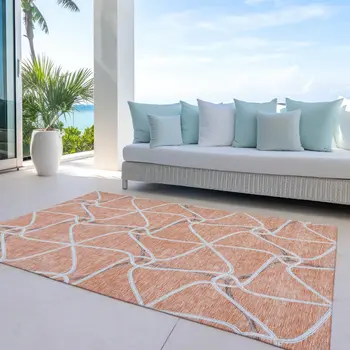 9' X 12' Salmon And Ivory Geometric Washable Indoor Outdoor Area Rug