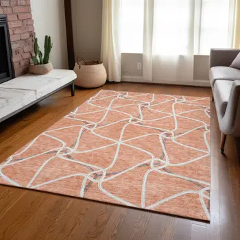 10' X 14' Salmon And Ivory Geometric Washable Indoor Outdoor Area Rug