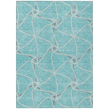 3' X 5' Teal Blue And Ivory Geometric Washable Indoor Outdoor Area Rug