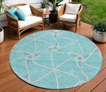 8' Teal Blue And Ivory Round Geometric Washable Indoor Outdoor Area Rug